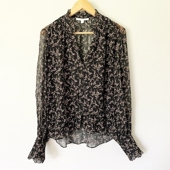 Jonathan Simkhai Blouse Size Medium Button Up Floral Sheer Silk Romantic Black - Picture 1 of 9